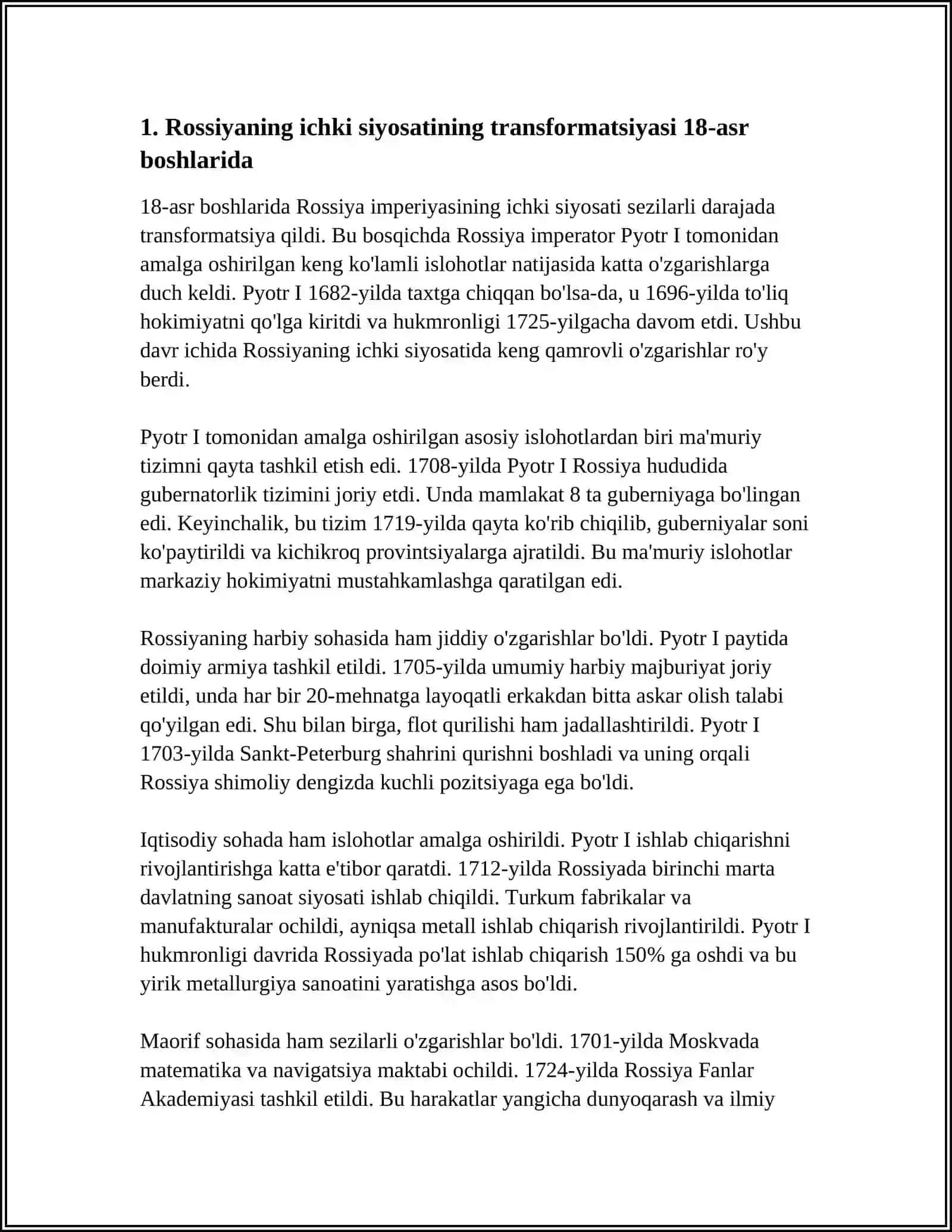 Rossiyaning ichki siyosatining transformatsiyasi 18-asr boshlarida 3