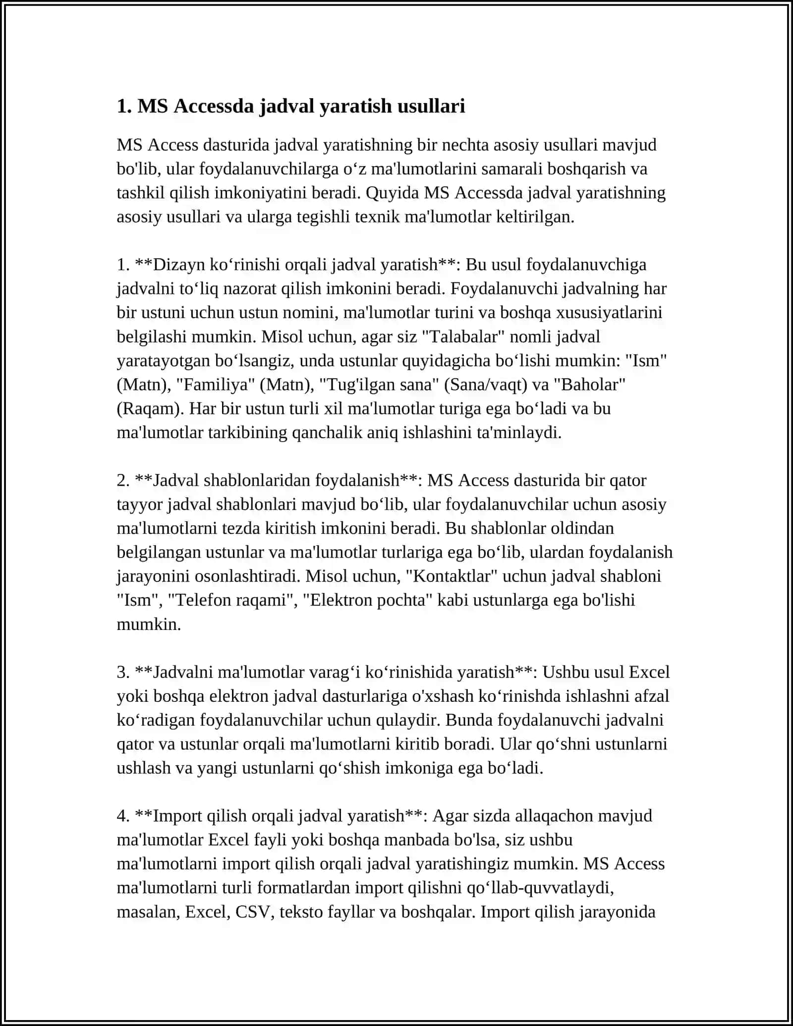 MS ACCESS MALUMOTLAR BAZASINI BOSHQARISH TIZIMI (JADVAL FORMA) 3