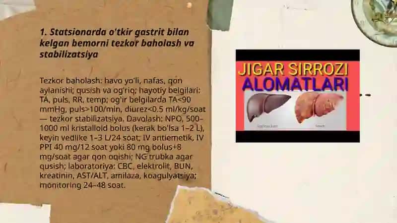 Õtkir va surunkali gastrit,me'da va 12 barmoqli ichak yara kasalligi,me'da raki,surunkali xolesistit,surunkali gepatit, jigar serozi kasliklarida bemorlarni statsionarda,ambulator sharoitda parvarishlash. Abdullayeva Gulzoda 3
