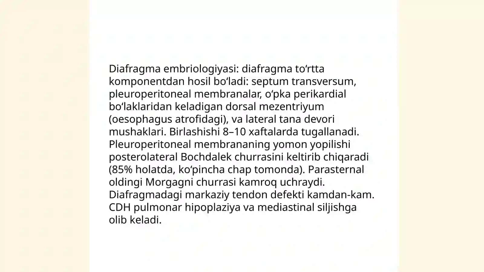Bolalar xirurgiyasida Diafragma tug‘ma churralari.Me’da va 12-barmoqli ichak tug‘ma o‘tuvchanligini buzilishlari (ichak tizimini yuqori tug‘ma tutilishi). Ichak tizimini quyi tug‘ma tutilishi 3