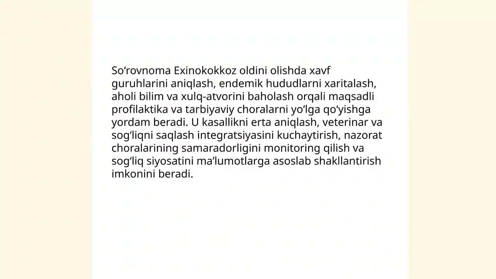 Exinokokkoz kasalligining oldini olishda soʻrovnoma oʻtkazishning ahamiyati 3