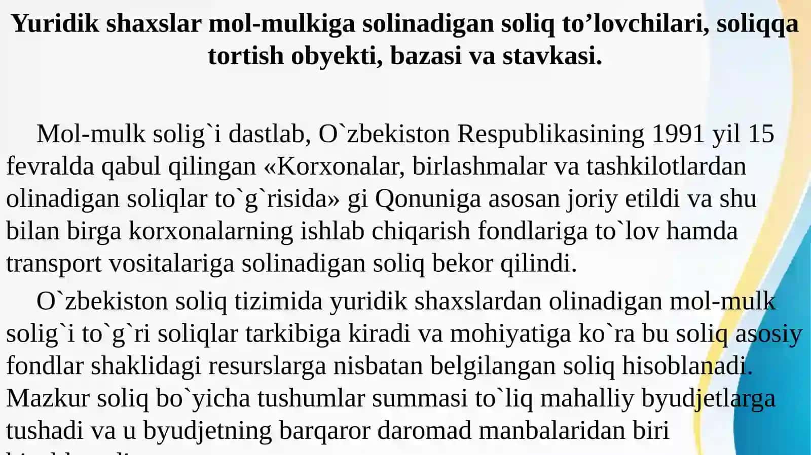 Yuridik shaxslardan olinadigan mol-mulk solig'i. 3