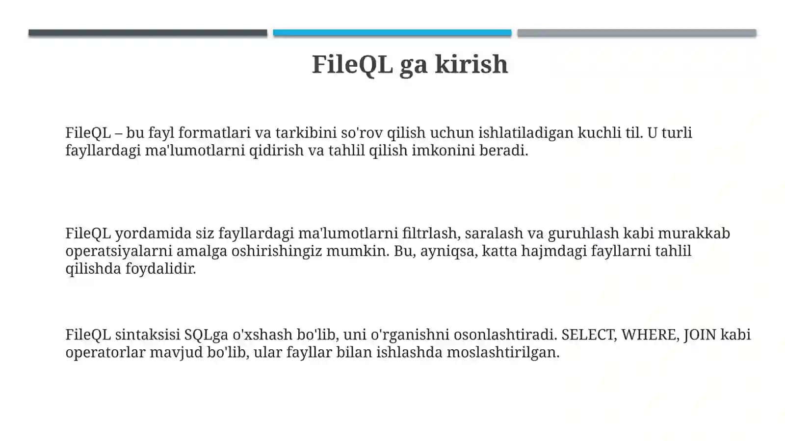 Fayl QL – bu fayl formatlari va tarkibini so'rov qilish uchun ishlatiladigan kuchli til 3