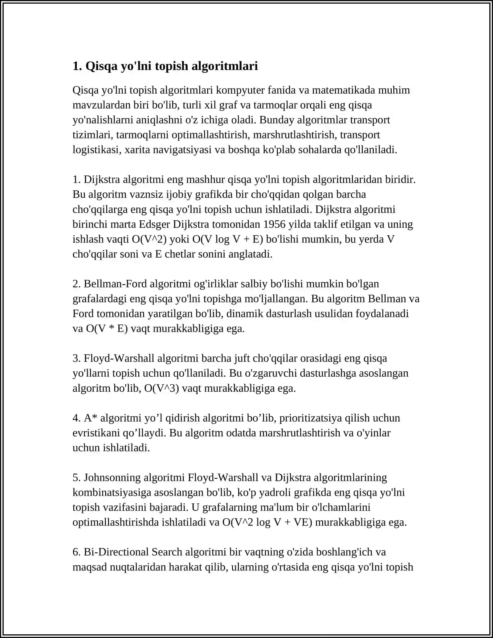 GRAFLARDA ENG QISQA YO’LNI ANIQLASH ALGORITMLARI 3