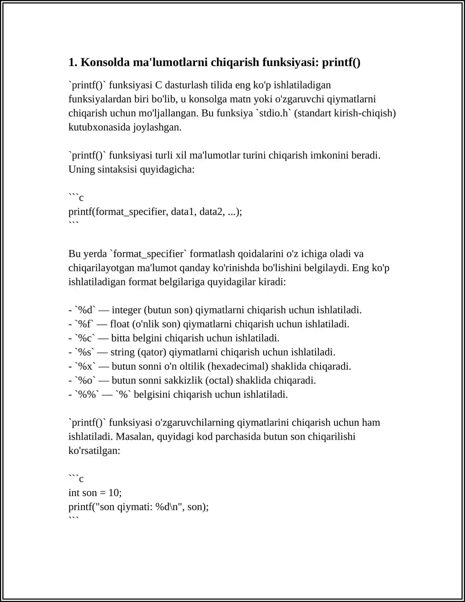 KONSOL YORDAMIDA FORMATLI KIRITISH VA CHIQARISHNI (PRINTF(), SCANF()) 3