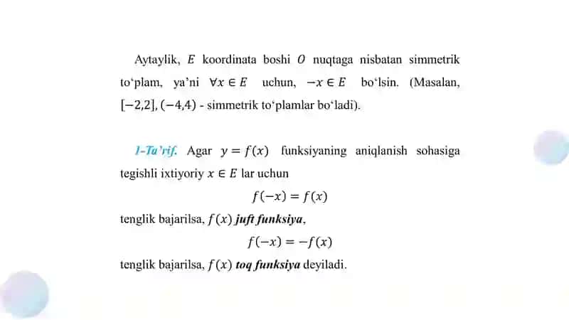 Juft, toq va davriy funksiyalar. Monoton funksiyalar. 3