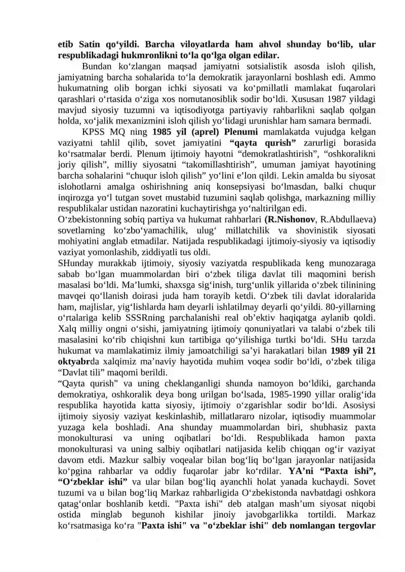 Mustaqillikka erishish arafasida O‘zbekistondagi ijtimoiy-siyosiy jarayonlar 3
