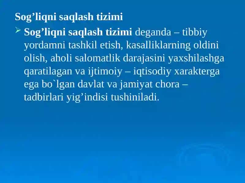 Sog’liqni saqlash tizimida birlamchi tibbiy sanitariya yordamni tashkil etish. Shaxar va qishloq aholisiga tibbiy yordamni tashkil etish. 3