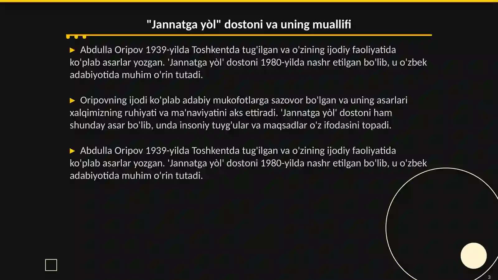 "Jannatga yòl" dostoni voqealarini badiiy zamon va makon kategoriyasiga ko'ra tahlil qiling 3