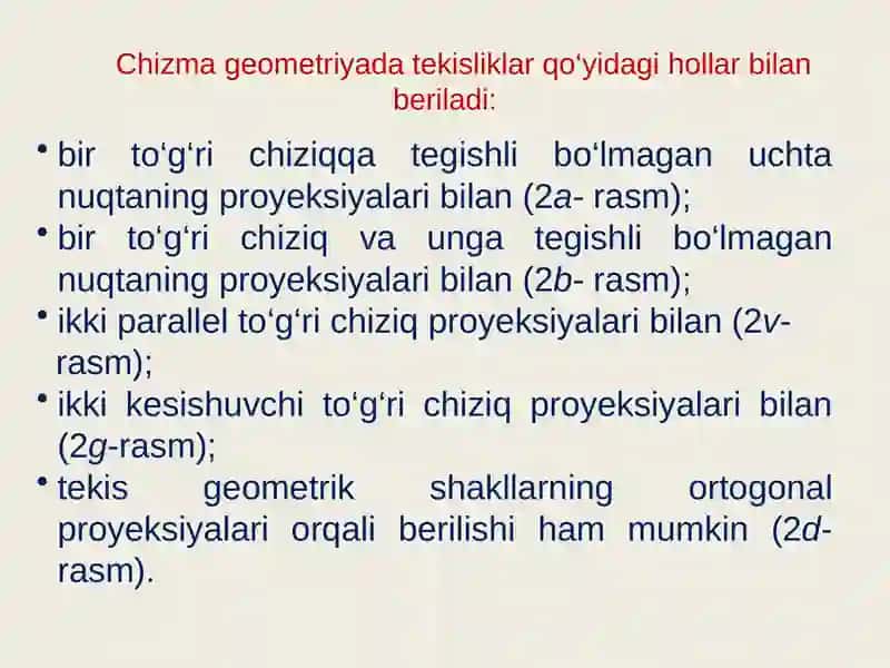 Tekisliklarning berilishi va proyeksiyalari 3