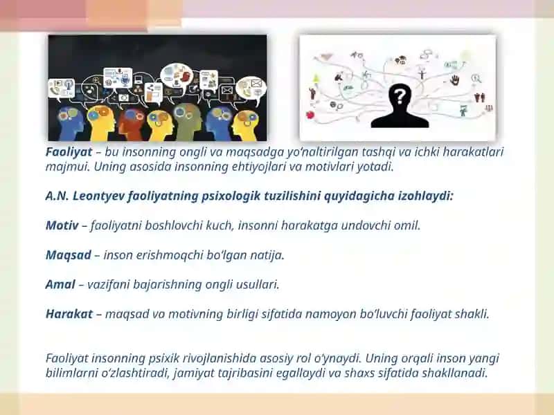 Faoliyatning psixologik talqini. Shaxs va uning psixologiyasi 3