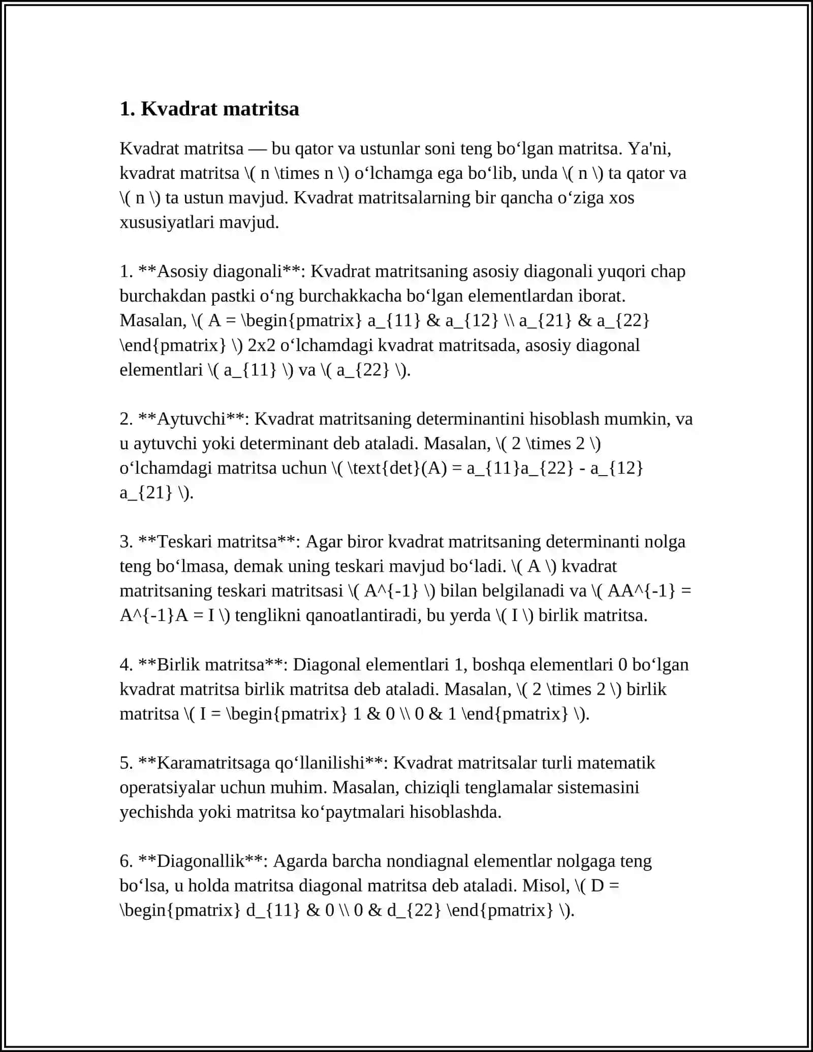 MATRITSALARNING TURLARI 3