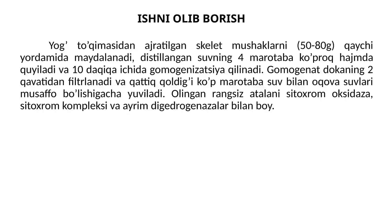 Sitoxromoksidaza preparatini ajratib olish.(KF 1.9.3.1)EC 7.1.1.9 3