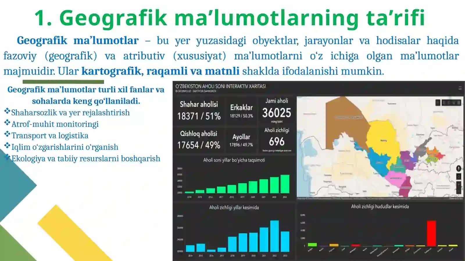 Bu darslikda geografik ma’lumotlar turlari, yig‘ish usullari, va GISda ularning roli haqida ma’lumot 3