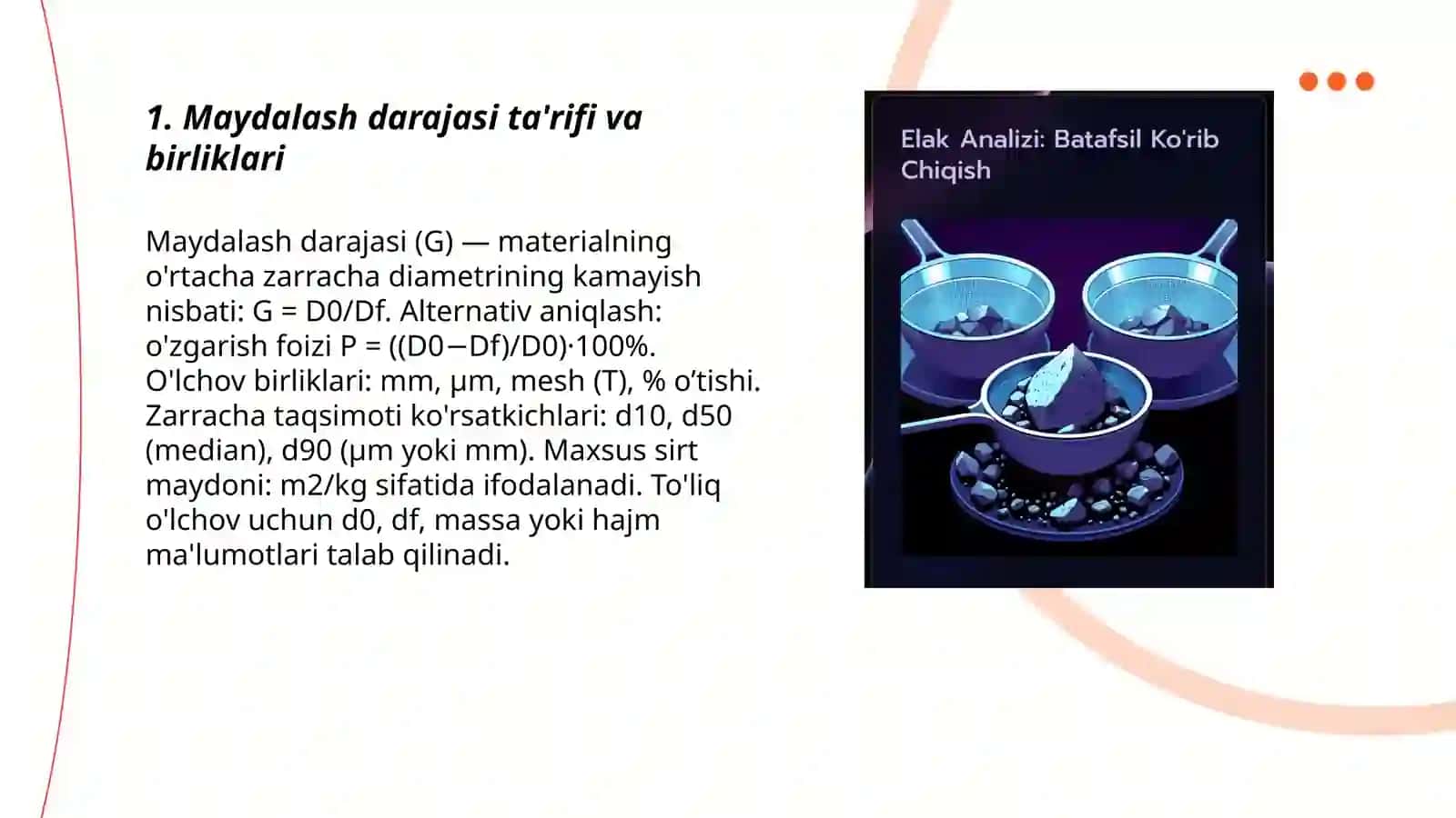 Maydalash saralash zavodi uchun maydalash darajasini aniqlash 3