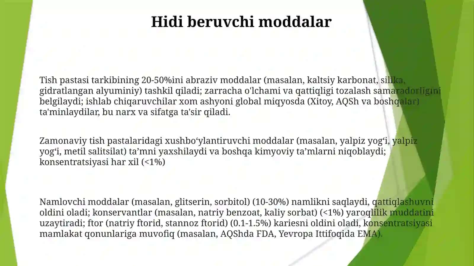 Zamonaviy tish pastalari kimyoviy tarkibi va xususiyatlari 3