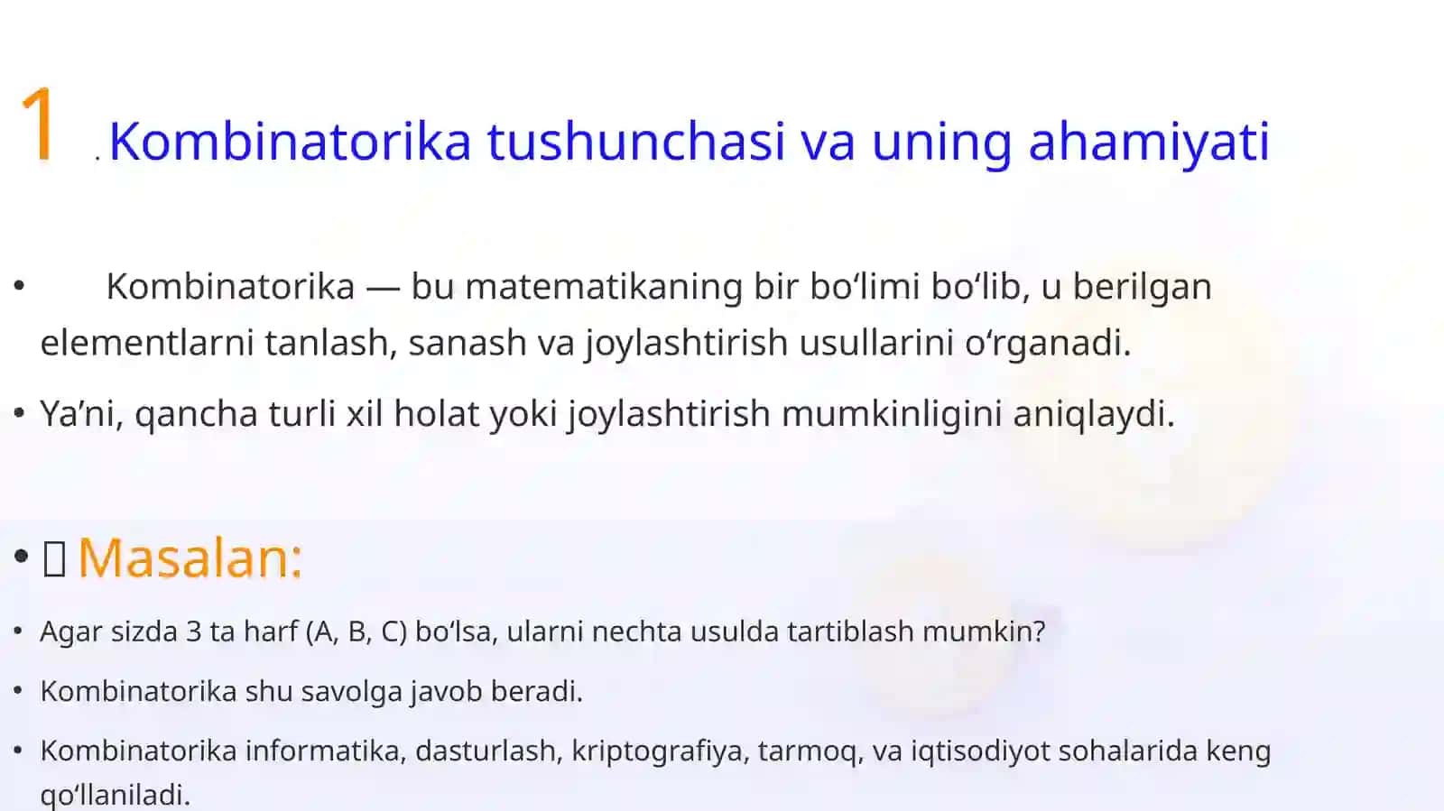 Kombinatorikaning takroriy bo'lmagan o'rinlashtirish qoidasi. 3