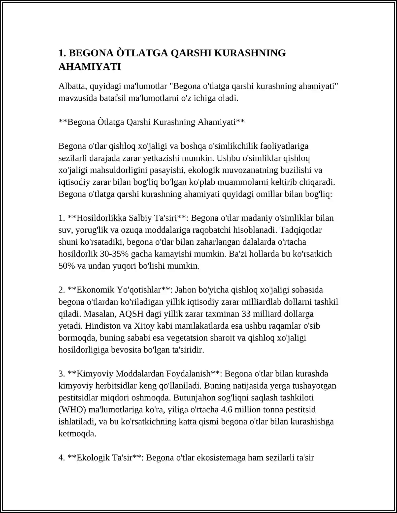 BEGONA ÒTLATGA QARSHI KURASH CHORALARI 3