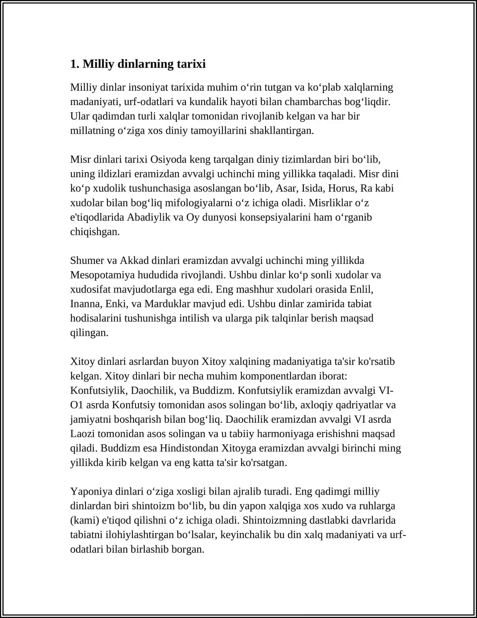 MUSTAQIL ISH Mavzu: MILLIY DINLAR 3