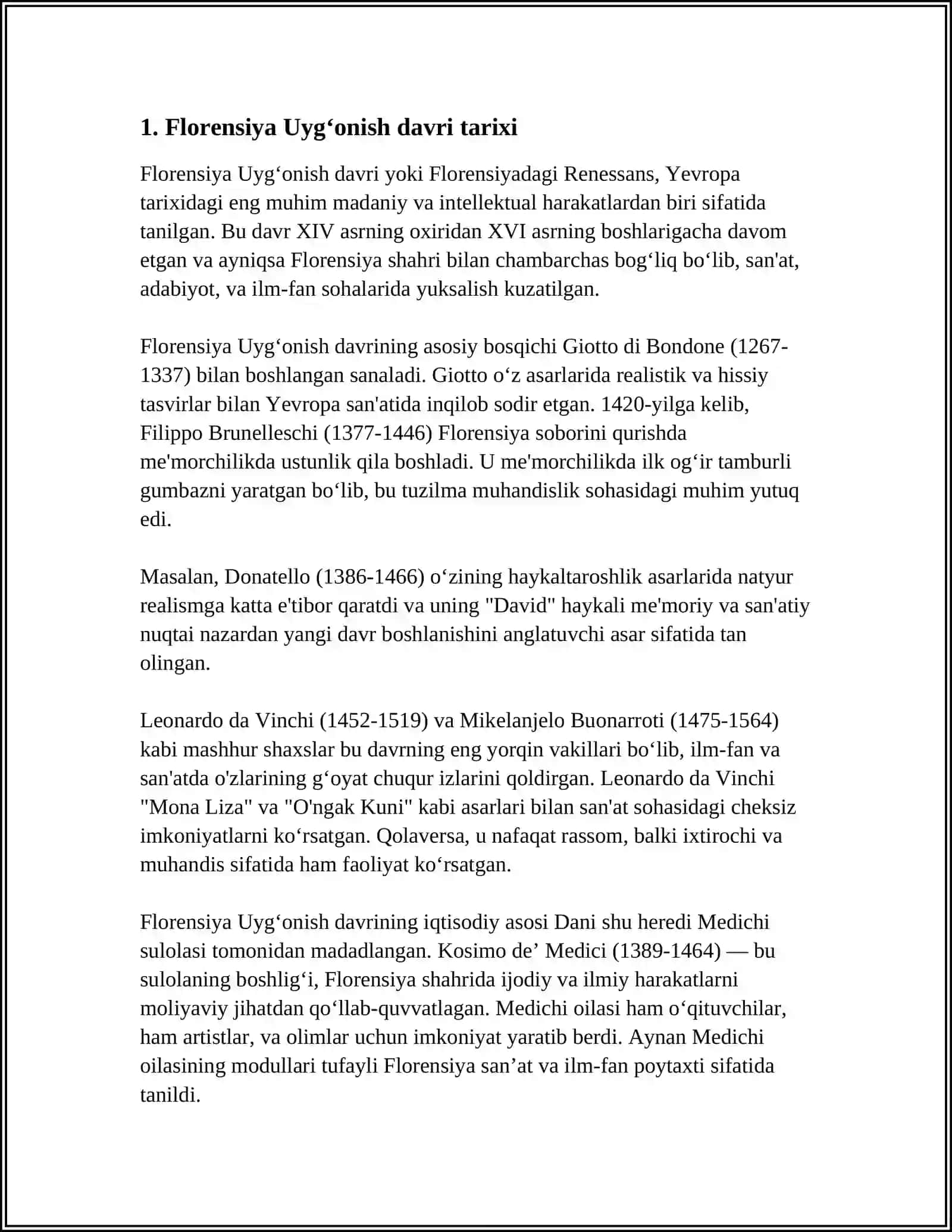 27 UYGʻONISH DAVRI. FLORENSIYA XV ASR MADANIYAT MARKAZI. FLORENSIYA ME'MORLIGI. F. BRUNELLESKI (1377-1446) IJODI 3