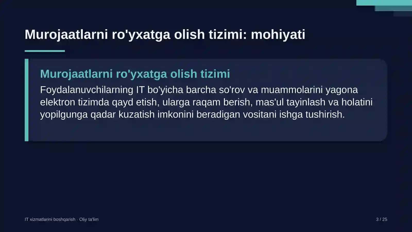 IT xizmatlarini boshqarish · Oliy ta'lim 3