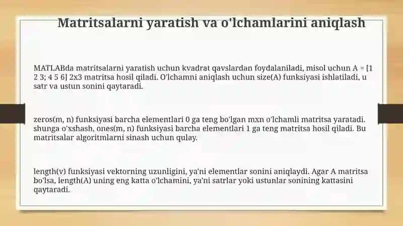 MATLABda matritsalar bilan ishlash asoslari 3