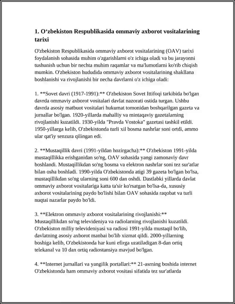 O'zbekiston Respublikasida Ommaviy Axborot Vositalarining Tarixi 3
