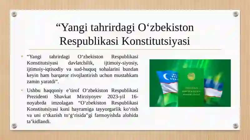 Yangi tahrirdagi O'zbekiston Respublikasi Konstitutsiyasi kursining predmeti, tamoyillari, manbalari 3