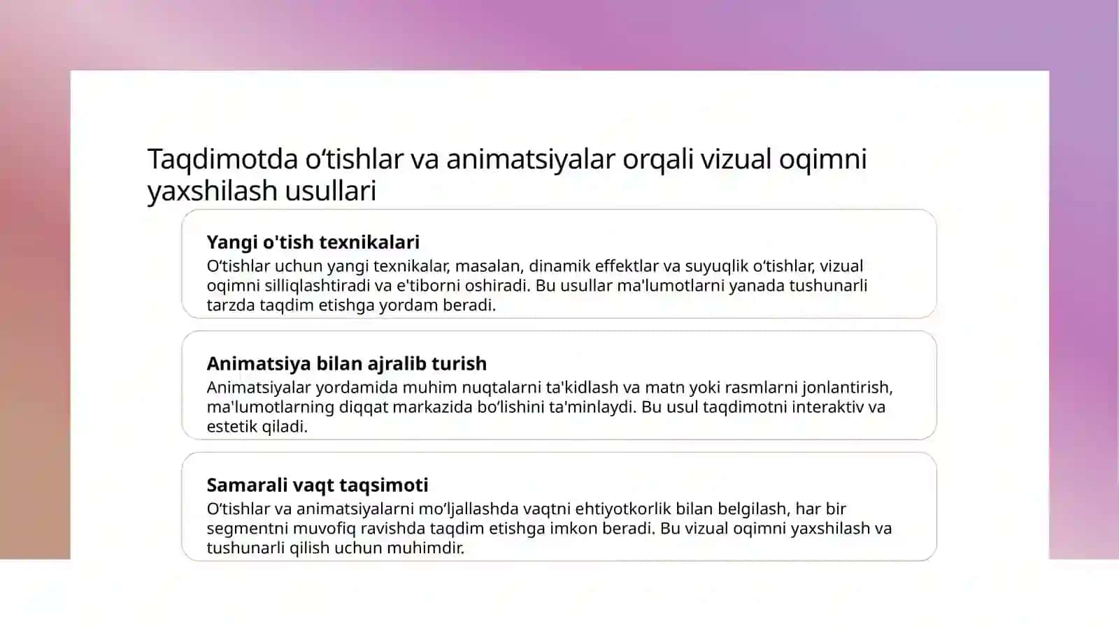 O‘tishlar, animatsiyalar va multimedia 3
