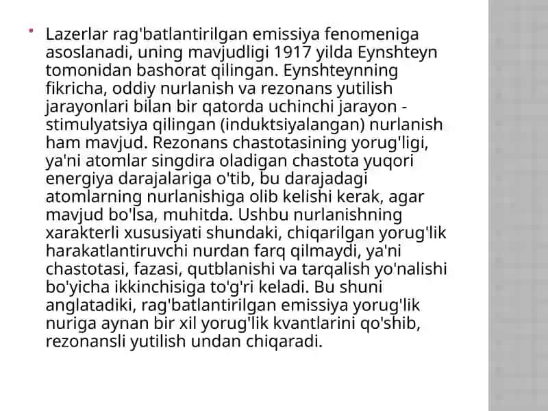 Lazerlarning nurining asosiy xususiyatlari 3