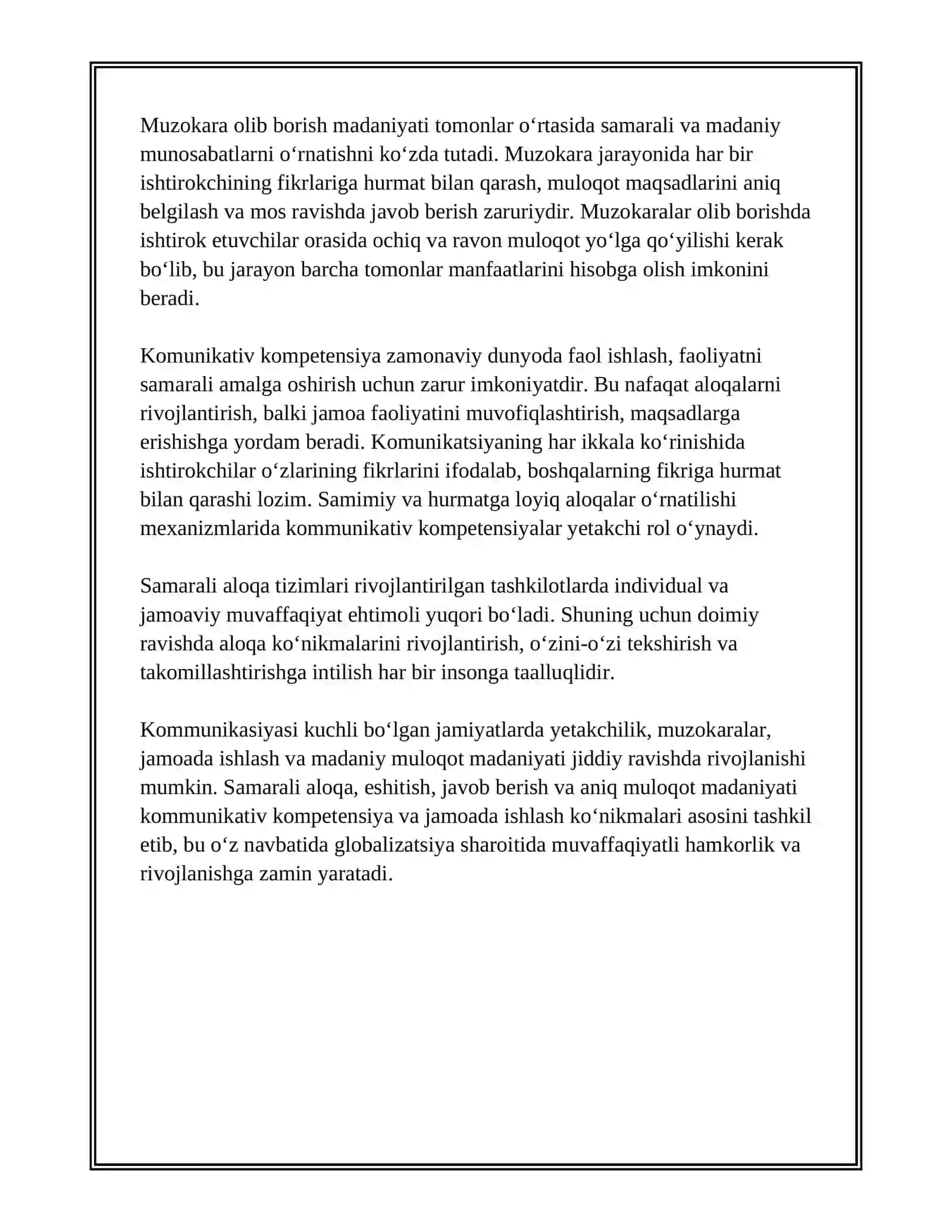 KOMMUNIKATIV KOMPETENSIYA VA JAMOADA ISHLASH KO‘NIKMALARI (LIDERLIK, MUZOKARA OLIB BORISH MADANIYATI) 3