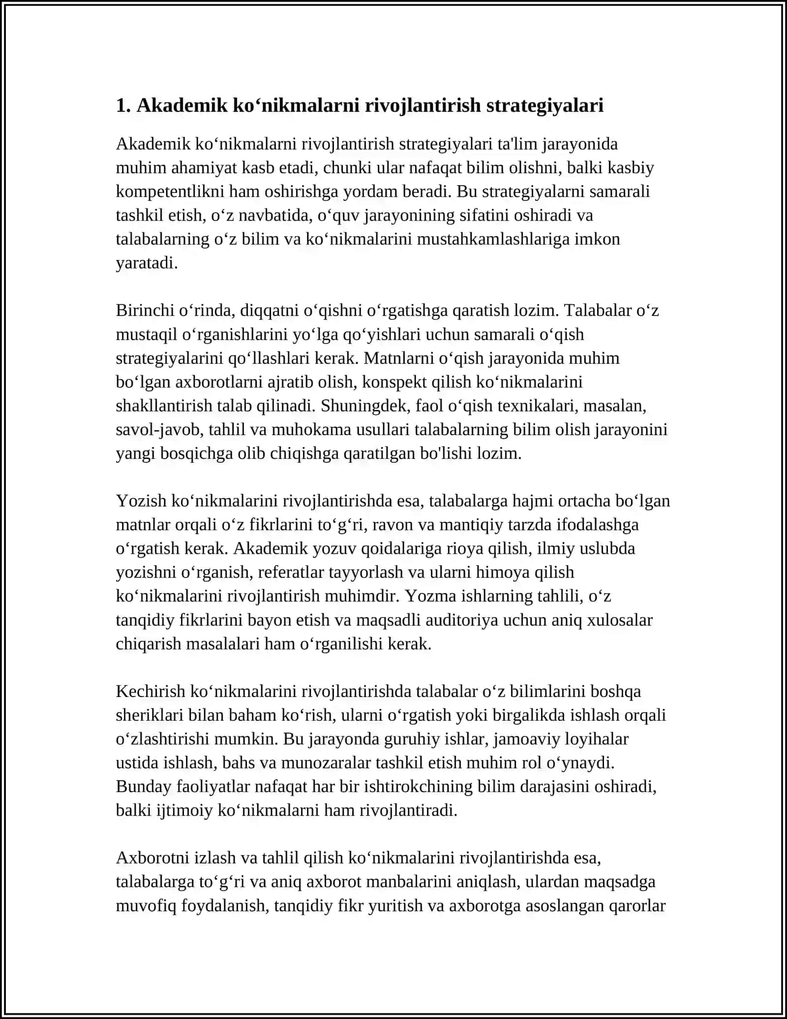AKADEMIK KOʻNIKMALAR VA KASBIY KOMPETENTLIK: TAʼLIM OLISH JARAYONINI SAMARALI TASHKIL ETISH 3