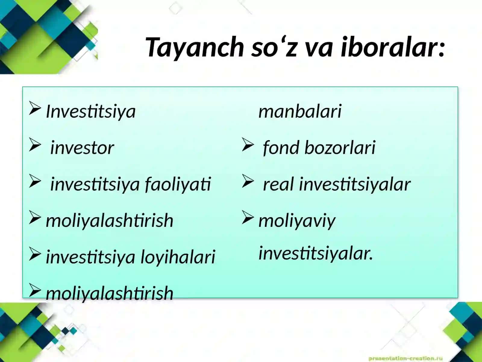 INVESTITSIYA LOYIHALARINI MOLIYALASHTIRISHNING MAZMUNI VA MOHIYATI 3