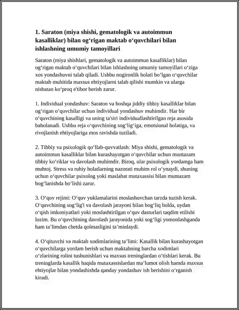 SARATON(MIYA SHISHI, GEMATOLOGIK VA AUTOIMMUN KASALLIKLARI) BILAN OG'RIGAN MAKTAB O'QUVCHILARI BILAN MASHG‘ULOTLAR O'TKAZISH TAMOYILLARI 3