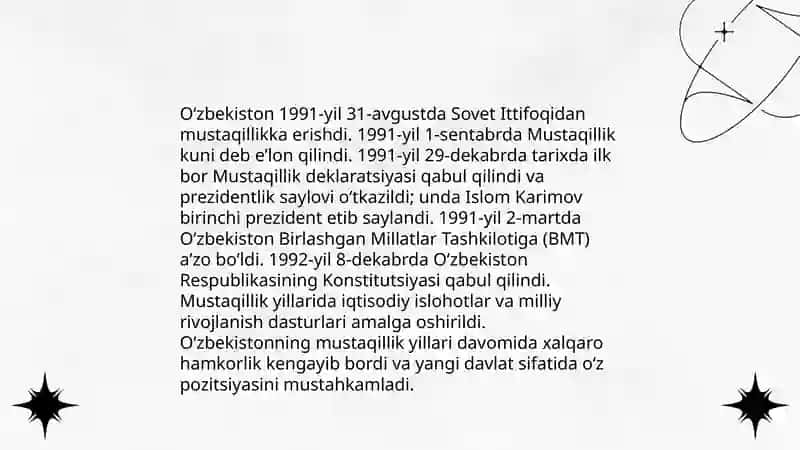 Mustaqil Oʼzbekiston Respublikasining tashkil topishining tarixiy ahamiyati 3
