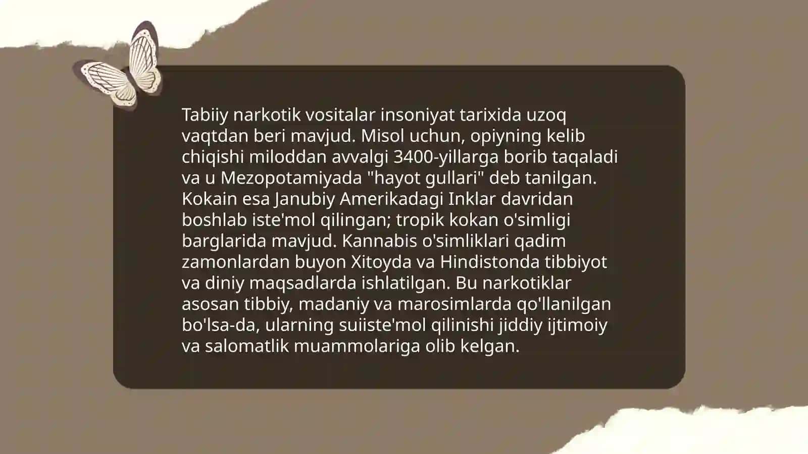 Tabiiy va sintetik narkotik vositalar.Foydasi va zarari 3