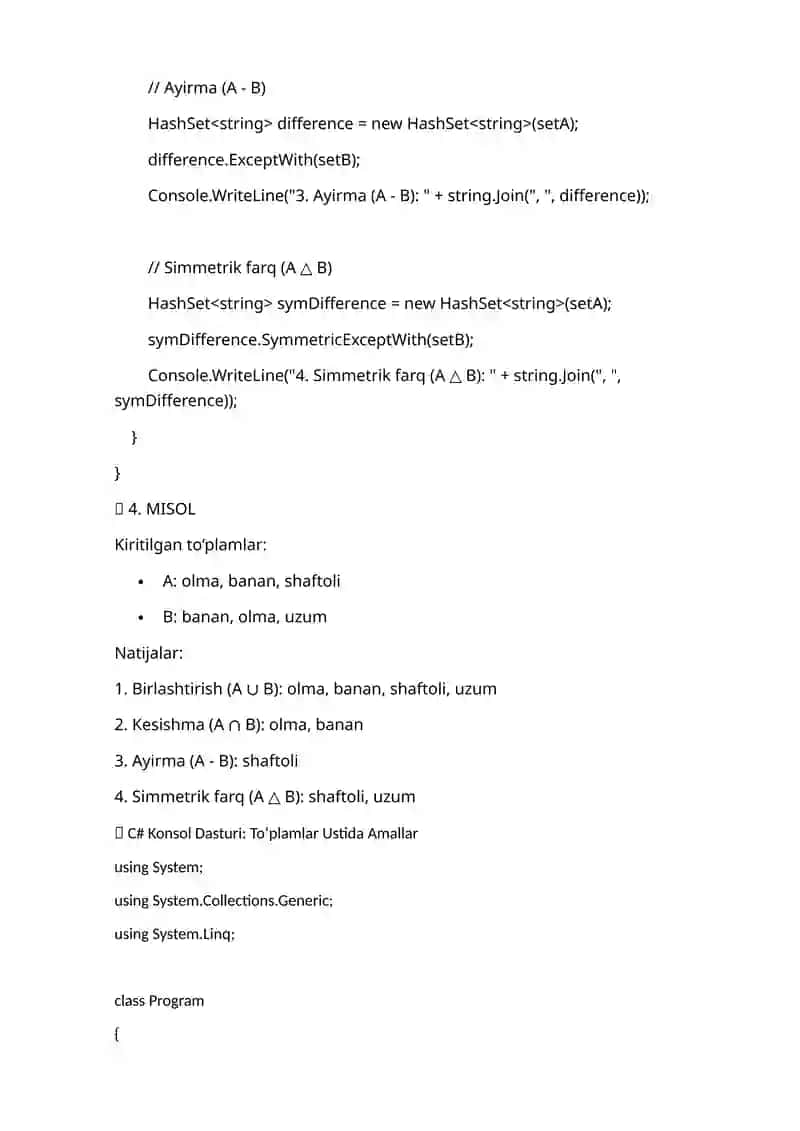 C# TO'PLAM USTA BAJARILADIGAN AMALLAR 3