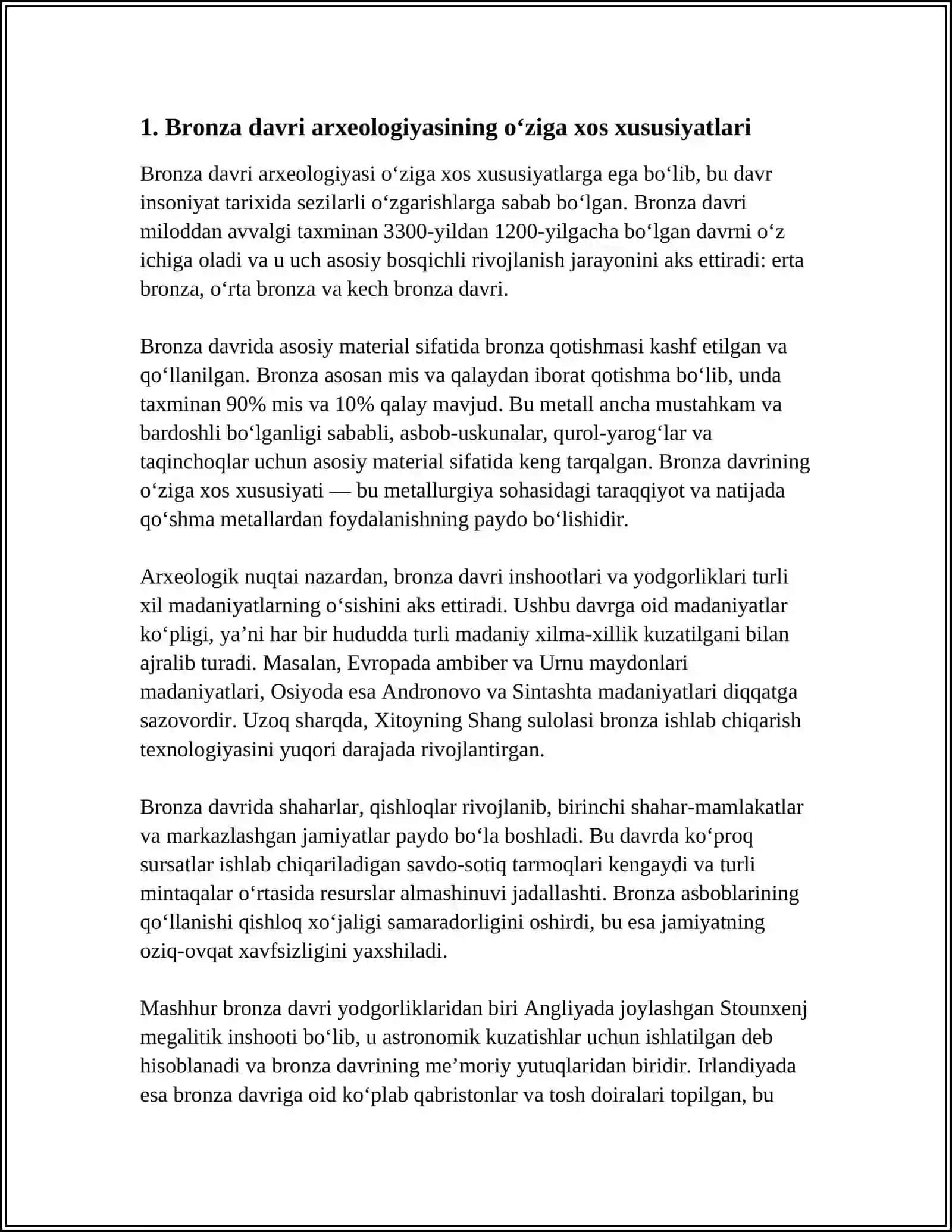BRONZA DAVRI ARXEALOGIYASI. MAʼRUZALAR MATNI TAYYORLASH 3
