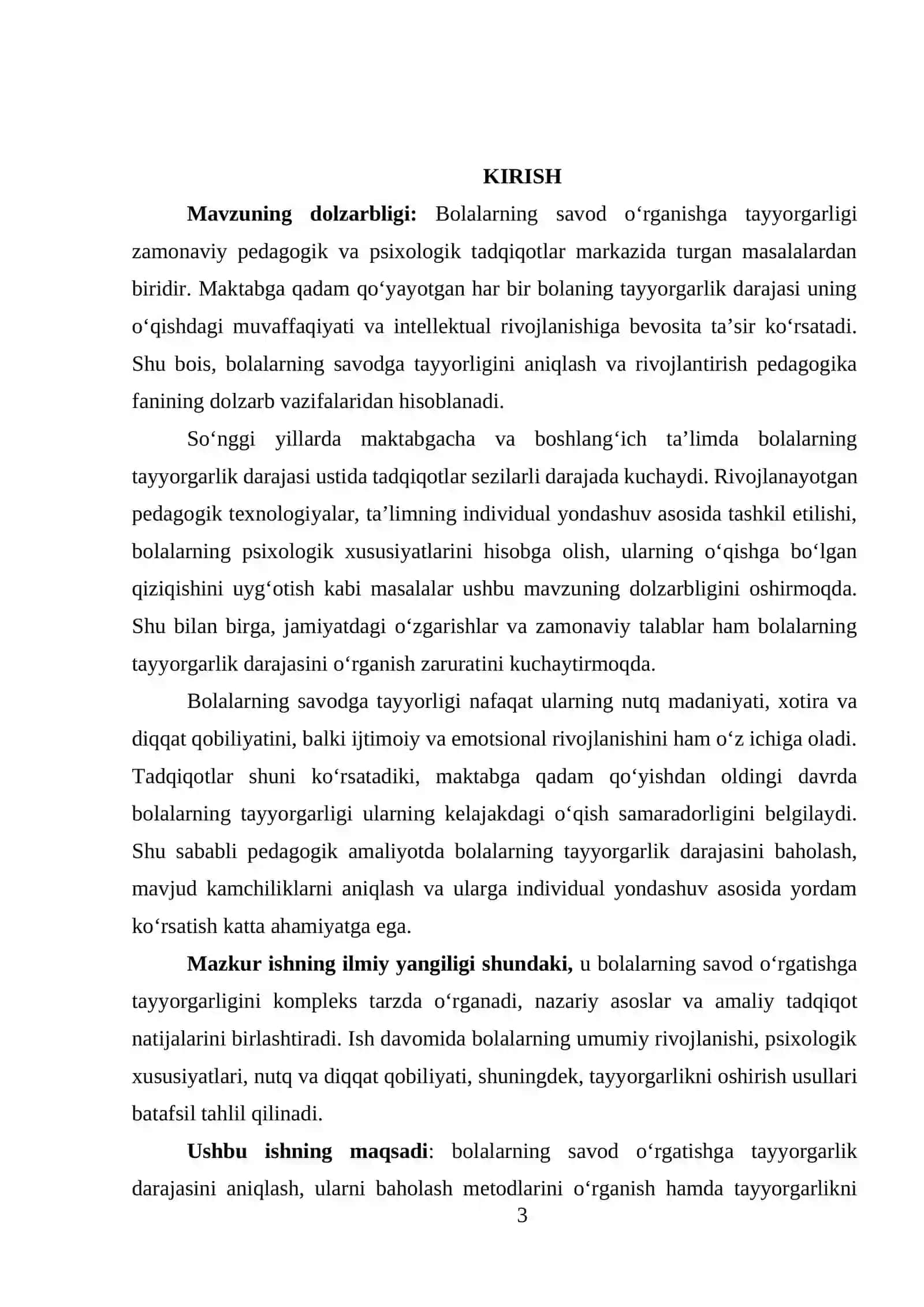 Bolalarning savod o'rgatish jarayoniga tayyorgarligini o'rganish mavzusida tayyor kurs ishi 3