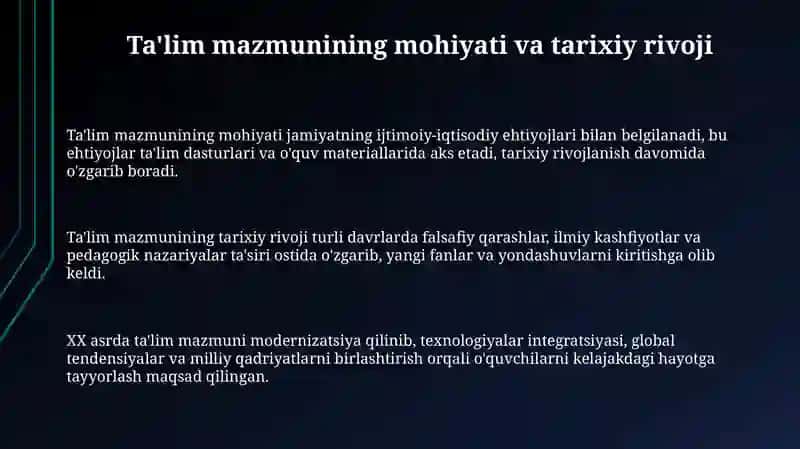 Talim mazmunining belgilanishi va uning tarixiy xarakteri 3