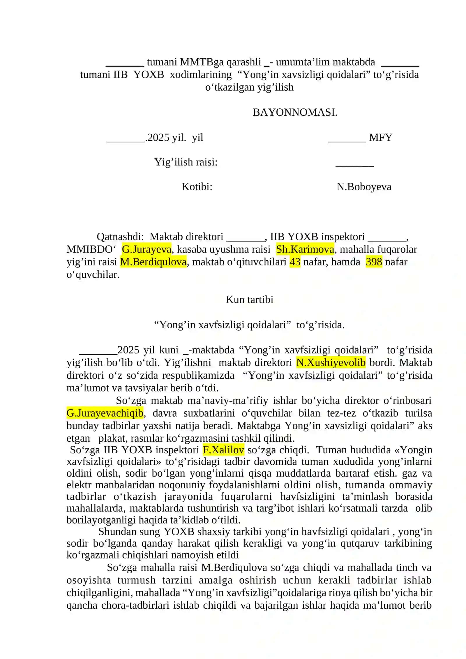 maktabda Yong’in xavfsizligi tadbirlarini o‘tkazish bo‘yicha maktabda tuzilgan  TADBIRLAR REJASI 3