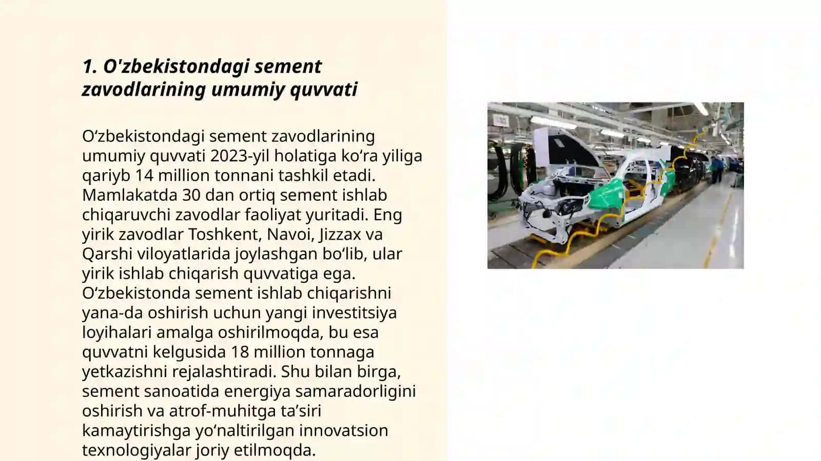 O'zbekistonda sement ishlab chiqarish zavodlari va ularning quvvati 3