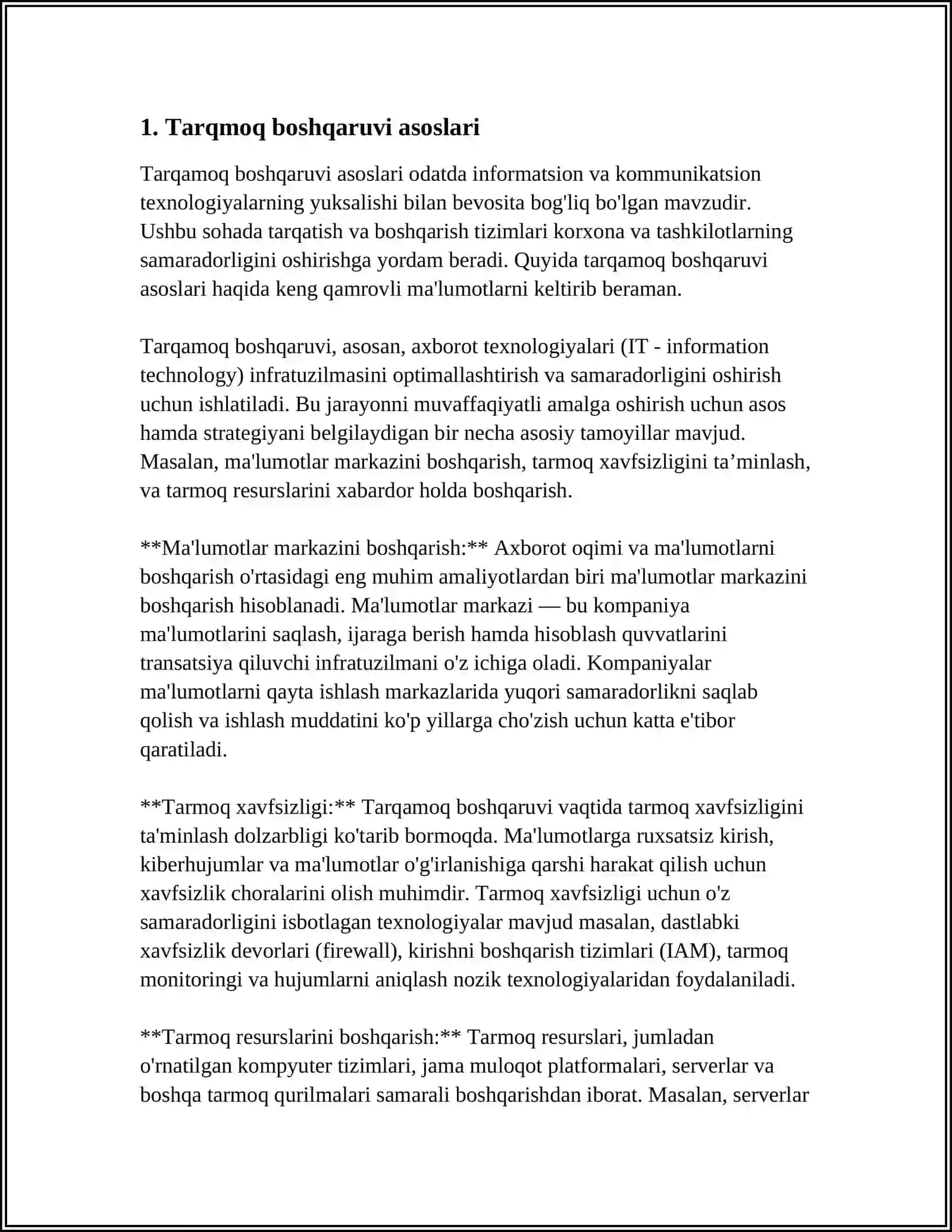 TARMOQ BOSHQARUVI. TARMOQNI BOSHQARISHNING ASOSIY VOSITALARI, TAQSIMLANGAN TARMOQNI BOSHQARISHDA DOMEN NOMLARI SERVERINING (DNS) ROLI. ICMP VA SNMP KABI UMUMIY TARMOQ BOSHGARUV PROTOKOLLARI 3