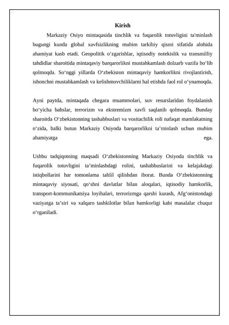 O‘zbekistonning Markaziy Osiyoda tinchlik va fuqarolikni ta’minlashdagi o‘rni 3