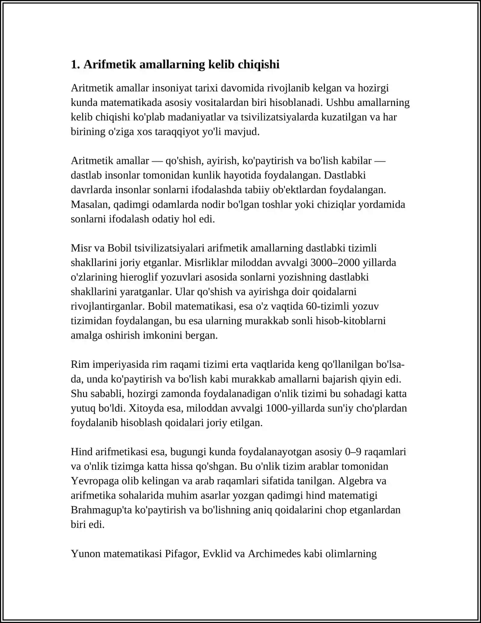 ARIFMETIK AMALLAR MAVZUSIDA TARIXIY MATERIALLARDAN FOYDALANISH. ARIFMETIK AMALLARNING PAYDO BO'LISH TARIXINI OCHIB BERISH 3