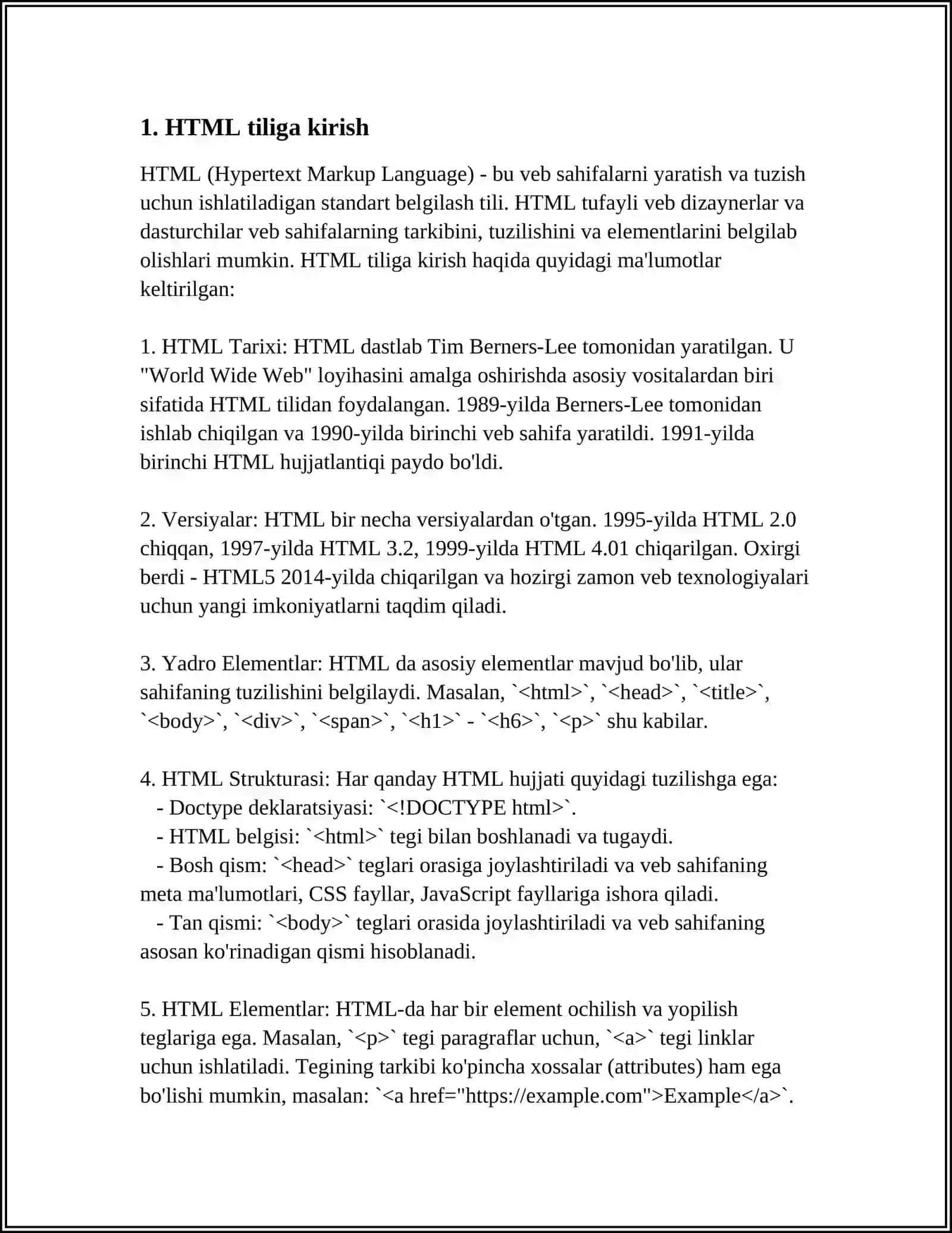 MUSTAQIL ISH Mavzu: HTML TILIGA KIRISH, UNING ASOSIY ELEMENTLARI. TEG TUSHUNCHASI 3