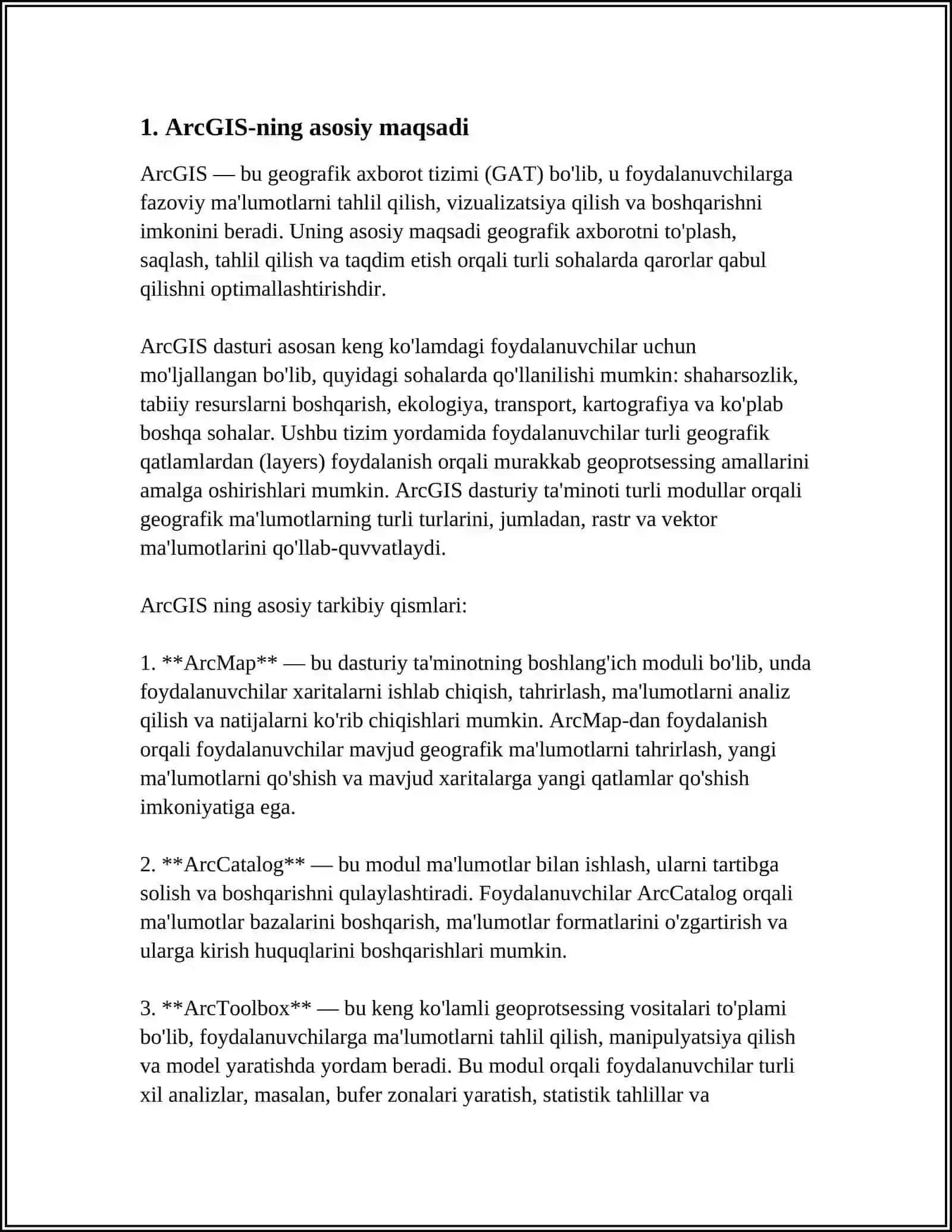 ARCGIS GEOGRAFIK AXBOROT TIZIMI HAQIDA TUSHUNCHA BERING 3