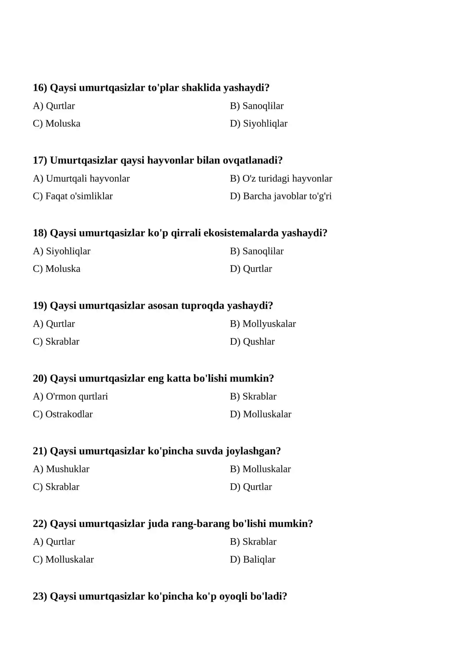 Umurtqasizlar zoolojiyasi (TEST) 3