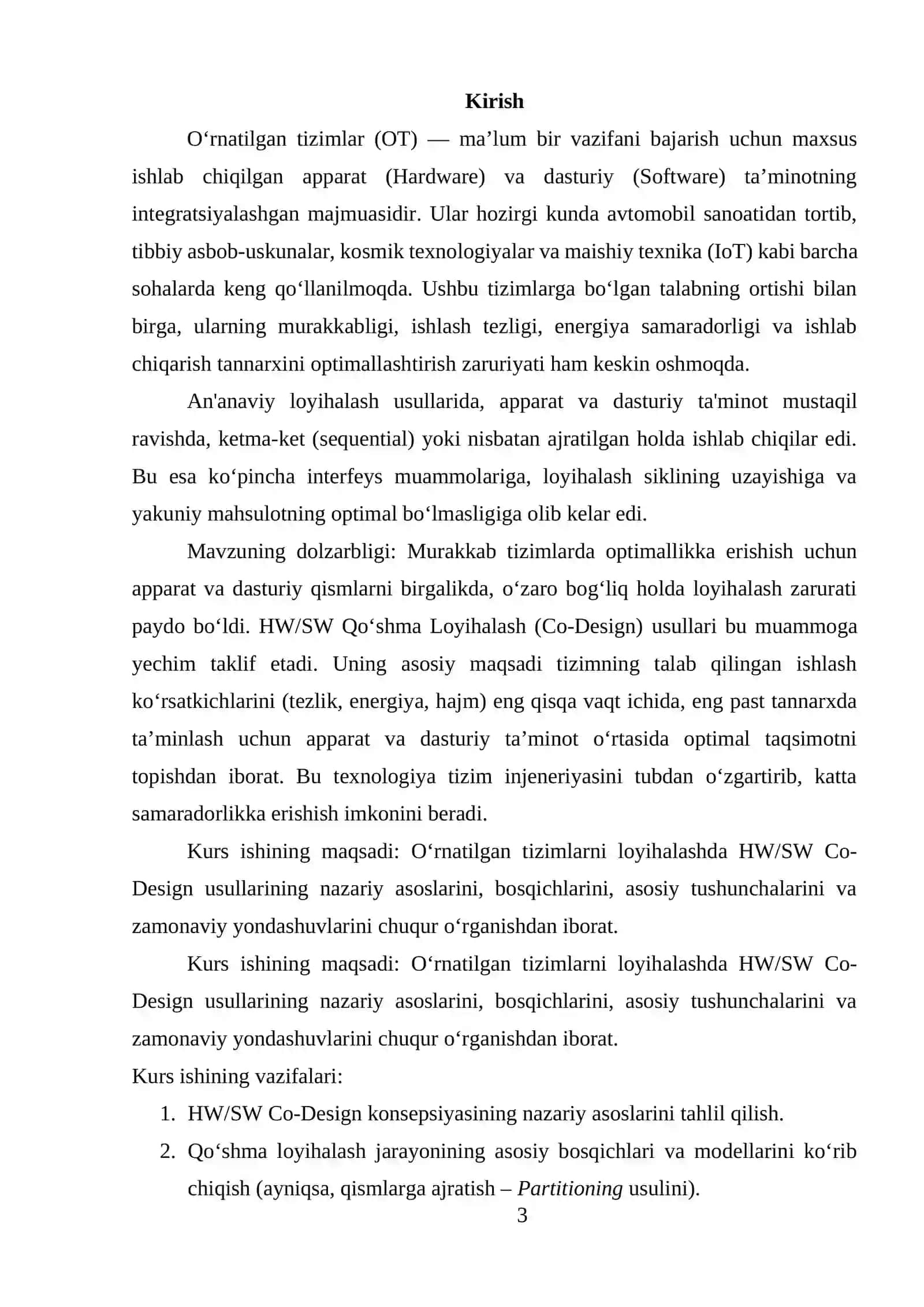 O‘RNATILGAN TIZIMLARDA APPARAT VA DASTURIY TA’MINOTNING QO‘SHMA LOYIHALASH USULLARI (HW/SW CO-DESIGN) KURS ISHI 3