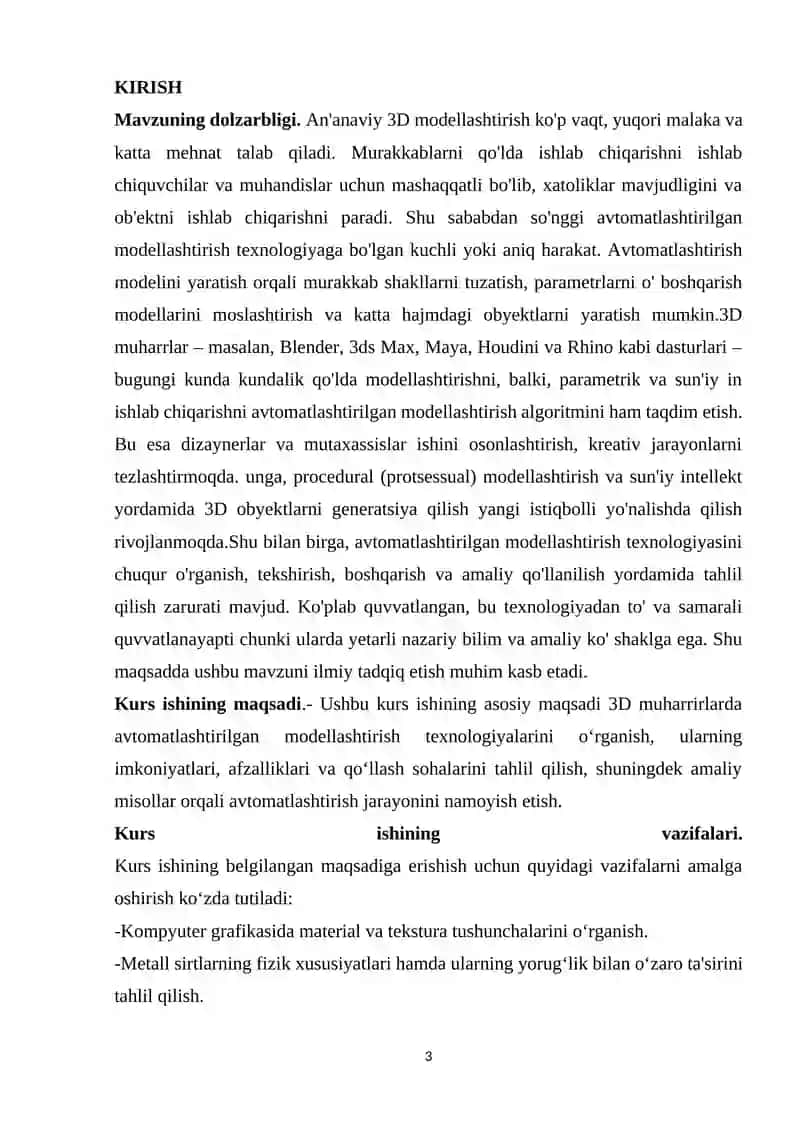 3D MUHARRIRLARDA AVTOMATLASHTIRILGAN MODELLASHTIRISH 3